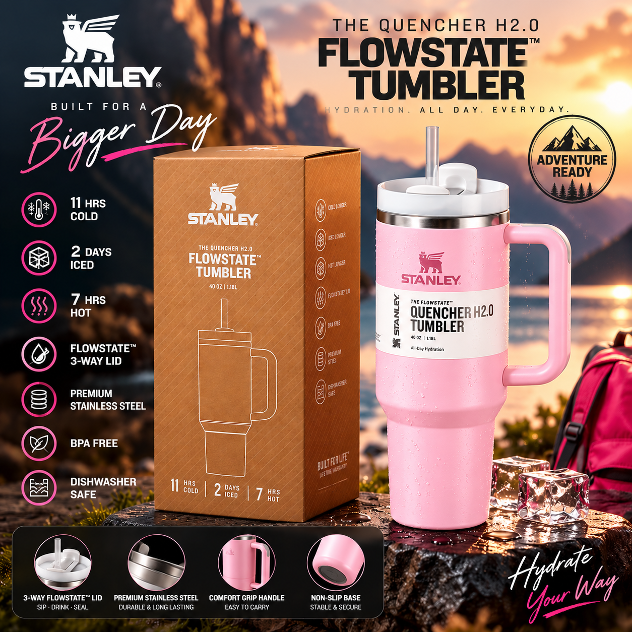 Stanley Quencher H2.0 FlowState™ Tumbler – light pink | 40 OZ / 1.18L