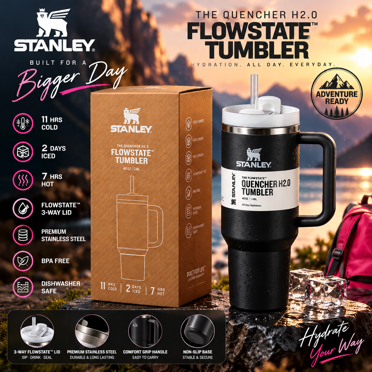 Stanley Quencher H2.0 FlowState™ Tumbler – Black | 40 OZ / 1.18L