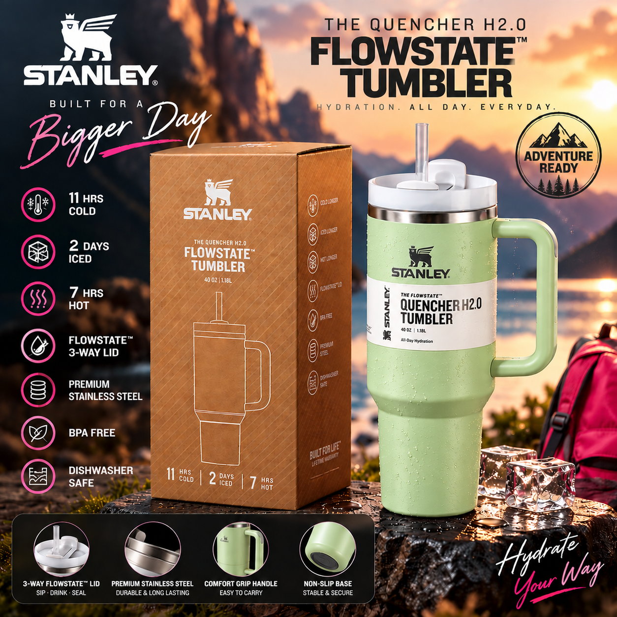 Stanley Quencher H2.0 FlowState™ Tumbler – Pistachio Green | 40 OZ / 1.18L